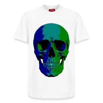 Toxic Skull – Screen Print from the Underworld - Relaxed Unisex Supima Cotton T-Shirt – by SPREAD - white - Front - AI Model Female 172 dark (172cm) & AI Model Male 185 dark (185cm)