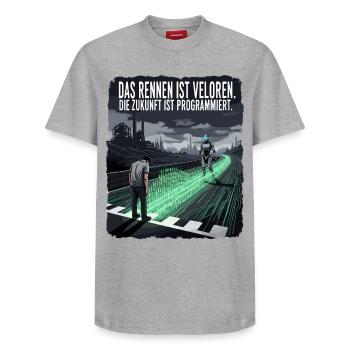 Zukunft Rennen - Relaxed Unisex Supima Cotton T-Shirt – von SPREAD - Weiß - Vorne - AI Model Female 172 dark (172cm) & AI Model Male 185 dark (185cm)