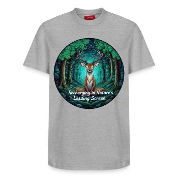 Mystic Forest Deer with Loading Screen - Relaxed Unisex Supima Cotton T-Shirt – by SPREAD - white - Front - AI Model Female 172 dark (172cm) & AI Model Male 185 dark (185cm)