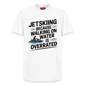 Auf dem Wasser laufen Überbewertet Lustiger Jetski-Spruch - Relaxed Unisex Supima Cotton T-Shirt – von SPREAD - Weiß - Vorne - AI Model Female 172 dark (172cm) & AI Model Male 185 dark (185cm)