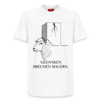 Thoughts break walls - Sheep Motivation - Relaxed Unisex Supima Cotton T-Shirt – by SPREAD - white - Front - AI Model Female 172 dark (172cm) & AI Model Male 185 dark (185cm)