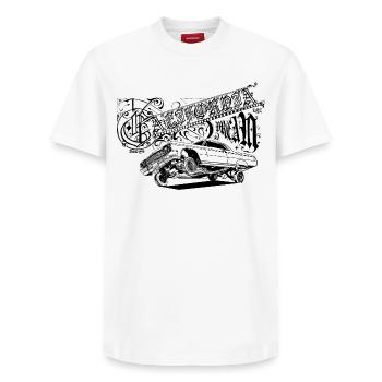California Dream / Lowrider Motiv/ Exklusiv/ Trend - Relaxed Unisex Supima Cotton T-Shirt – von SPREAD - Weiß - Vorne - AI Model Female 172 dark (172cm) & AI Model Male 185 dark (185cm)