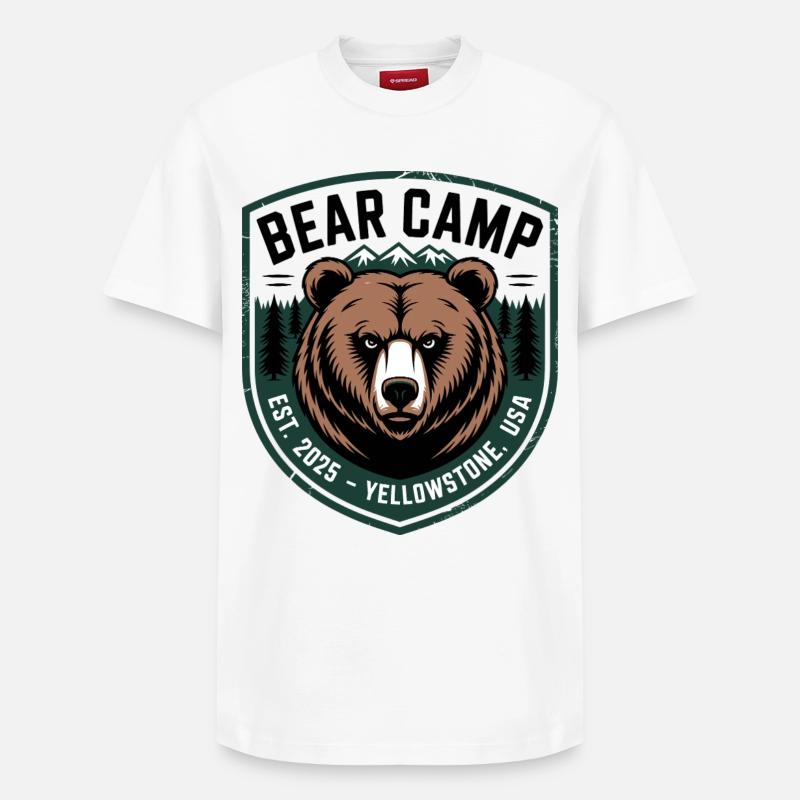 Bear Camp Patch, Yellowstone, USA - Relaxed Unisex Supima Cotton T-Shirt – von SPREAD - Weiß