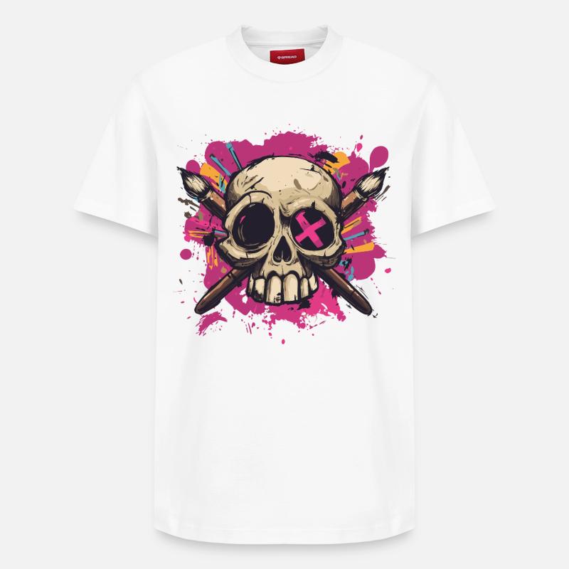 Crâne et pinceaux croisés - T-shirt unisexe décontracté en coton Supima – de SPREAD - blanc