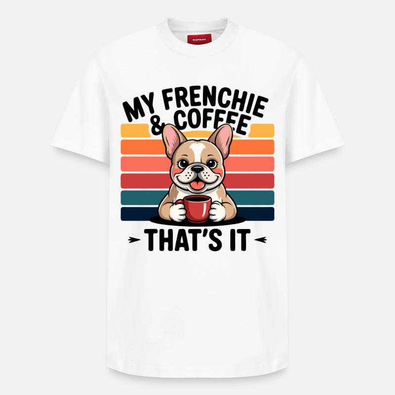 Kaffeetrinkender Frenchie mit Regenbogen - Relaxed Unisex Supima Cotton T-Shirt – von SPREAD - Weiß