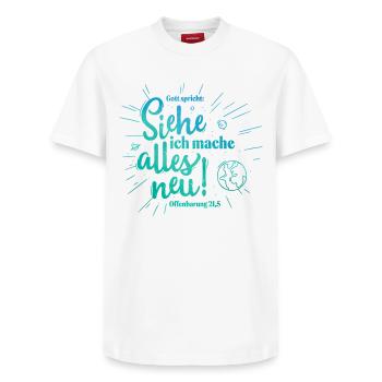 God Speaks: Everything New Design - Relaxed Unisex Supima Cotton T-Shirt – by SPREAD - white - Front - AI Model Female 172 dark (172cm) & AI Model Male 185 dark (185cm)