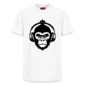 Affenkopf Dutt DJ Sound Kopfhörer Shirt - Relaxed Unisex Supima Cotton T-Shirt – von SPREAD - Weiß - Vorne - AI Model Female 172 dark (172cm) & AI Model Male 185 dark (185cm)