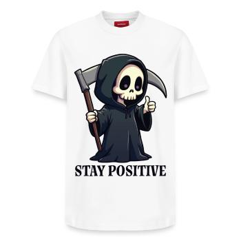 Stay Positive - Relaxed Unisex Supima Cotton T-Shirt – by SPREAD - white - Front - AI Model Female 172 dark (172cm) & AI Model Male 185 dark (185cm)