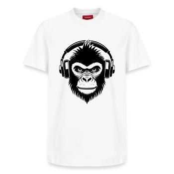 Frecher Comic-Affe mit Kopfhörern Shirt - Relaxed Unisex Supima Cotton T-Shirt – von SPREAD - Weiß - Vorne - AI Model Female 172 dark (172cm) & AI Model Male 185 dark (185cm)