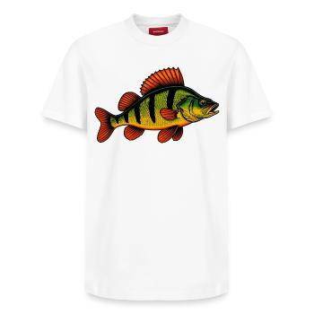 Perche Perche Perche Perche Perche Pêche Perche Perche - T-shirt unisexe décontracté en coton Supima – de SPREAD - blanc - Devant - AI Model Female 172 dark (172cm) & AI Model Male 185 dark (185cm)
