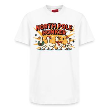 Nordpol Honker Gans Weihnachten Lustiger Weihnachtsmann - Relaxed Unisex Supima Cotton T-Shirt – von SPREAD - Weiß - Vorne - AI Model Female 172 dark (172cm) & AI Model Male 185 dark (185cm)