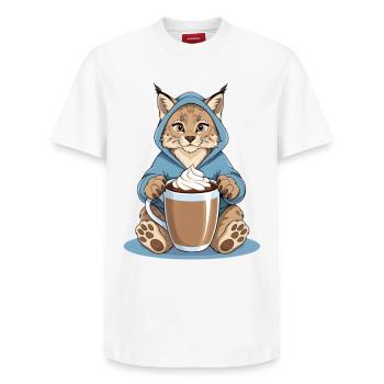 Luchs mit Heissem Getränk - Relaxed Unisex Supima Cotton T-Shirt – von SPREAD - Weiß - Vorne - AI Model Female 172 dark (172cm) & AI Model Male 185 dark (185cm)