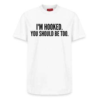 I'm on the hook. You should be too! - Relaxed Unisex Supima Cotton T-Shirt – by SPREAD - white - Front - AI Model Female 172 dark (172cm) & AI Model Male 185 dark (185cm)