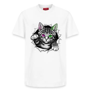 Cute Cat Peeps Out of Crack - Gothic Kitten - Relaxed Unisex Supima Cotton T-Shirt – by SPREAD - white - Front - AI Model Female 172 dark (172cm) & AI Model Male 185 dark (185cm)