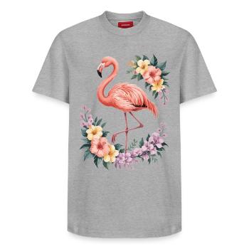 Tropical flamingo with flowers - Relaxed Unisex Supima Cotton T-Shirt – by SPREAD - heather grey - Front - AI Model Female 172 dark (172cm) & AI Model Male 185 dark (185cm)