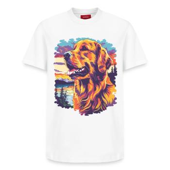 Farbiger Hund im Sonnenuntergang - Relaxed Unisex Supima Cotton T-Shirt – von SPREAD - Weiß - Vorne - AI Model Female 172 dark (172cm) & AI Model Male 185 dark (185cm)