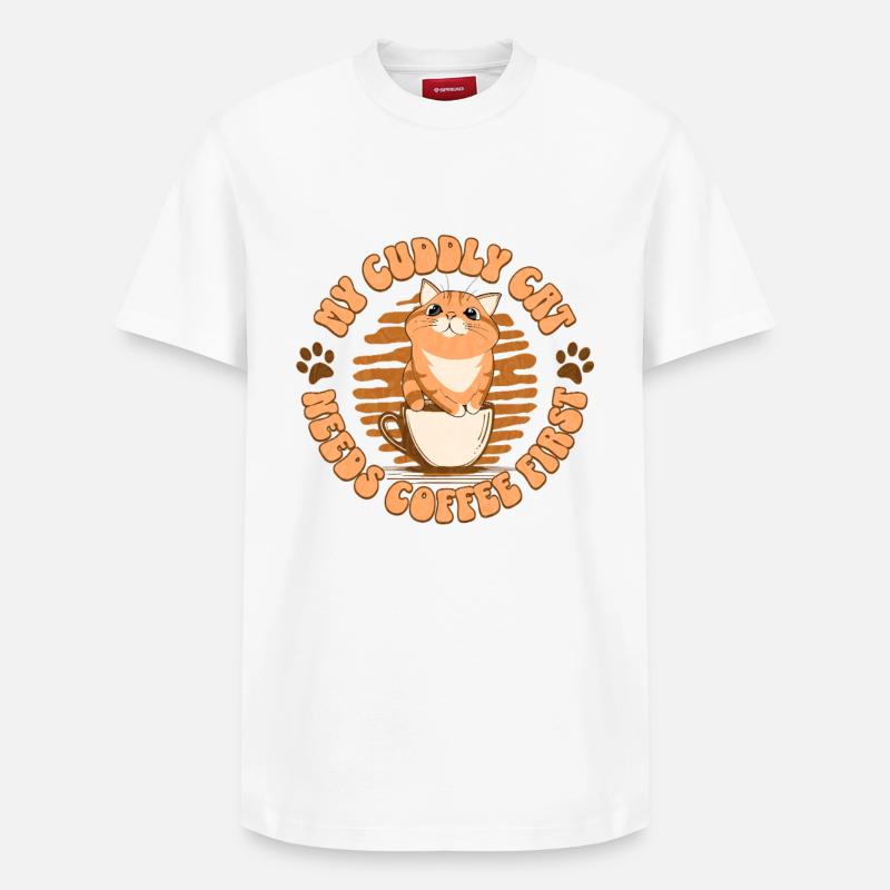 My Cuddly Cat - Needs Coffee First - Relaxed Unisex Supima Cotton T-Shirt – von SPREAD - Weiß