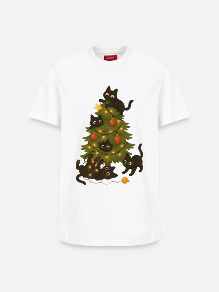 Funny Cats Playing Around Christmas Tree - Relaxed Unisex Supima Cotton T-Shirt – by SPREAD - white