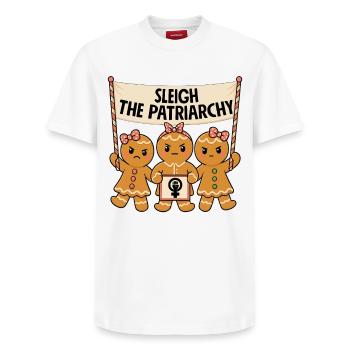 Sleigh The Patriarchy - Relaxed Unisex Supima Cotton T-Shirt – by SPREAD - white - Front - AI Model Female 172 dark (172cm) & AI Model Male 185 dark (185cm)