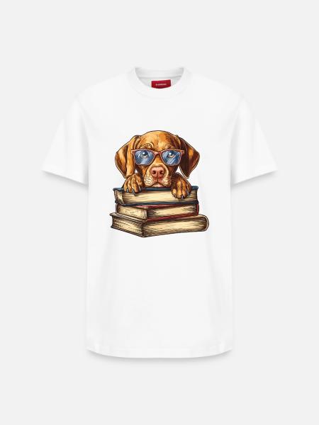Niedliches Vizsla-Hundelesebuch mit Brille - Relaxed Unisex Supima Cotton T-Shirt – von SPREAD - Weiß