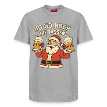 Ho Ho Hoch Die Tassen Santa - Relaxed Unisex Supima Cotton T-Shirt – von SPREAD - Grau meliert - Vorne - AI Model Female 172 dark (172cm) & AI Model Male 185 dark (185cm)