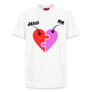 Jesus & me - Heart - Puzzle - Christian - Relaxed Unisex Supima Cotton T-Shirt – by SPREAD - white - Front - AI Model Female 172 dark (172cm) & AI Model Male 185 dark (185cm)