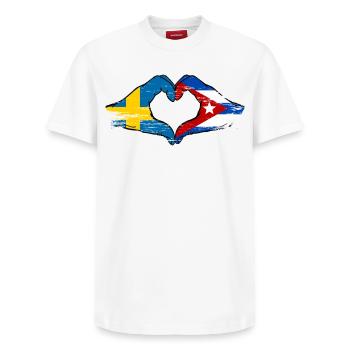 Drapeau Suède-Cuba Mains en forme de cœur utilisées - T-shirt unisexe décontracté en coton Supima – de SPREAD - blanc - Devant - AI Model Female 172 dark (172cm) & AI Model Male 185 dark (185cm)