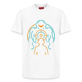 Gamer Mecha, Gaming Sight - Relaxed Unisex Supima Cotton T-Shirt – by SPREAD - white - Front - AI Model Female 172 dark (172cm) & AI Model Male 185 dark (185cm)