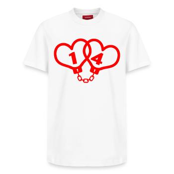 Herzketten - Handschelle 14 Valentinstag - Relaxed Unisex Supima Cotton T-Shirt – von SPREAD - Weiß - Vorne - AI Model Female 172 dark (172cm) & AI Model Male 185 dark (185cm)