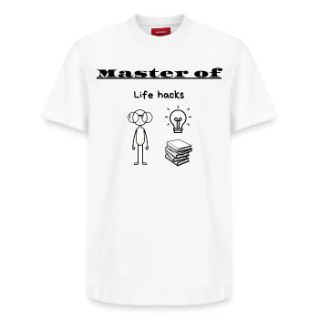 Master of Life hacks - Relaxed Unisex Supima Cotton T-Shirt – by SPREAD - white - Front - AI Model Female 172 dark (172cm) & AI Model Male 185 dark (185cm)