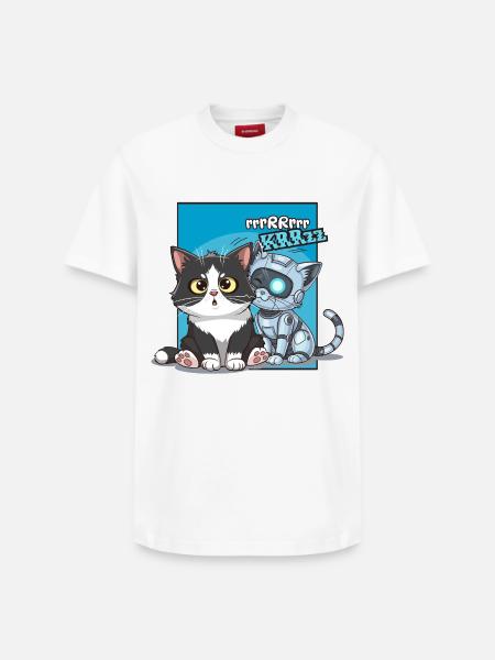 Chat et robot, humour, cartoon, bd - T-shirt unisexe décontracté en coton Supima – de SPREAD - blanc