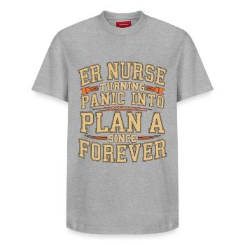 ER Nurse Turning Panic Into Plan Trauma Nurse - Relaxed Unisex Supima Cotton T-Shirt – by SPREAD - white - Front - AI Model Female 172 dark (172cm) & AI Model Male 185 dark (185cm)