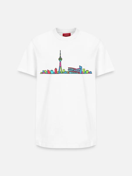 Stuttgarter Stadtskyline Fernsehturm Moderne Linienzeichnung - Relaxed Unisex Supima Cotton T-Shirt – von SPREAD - Weiß