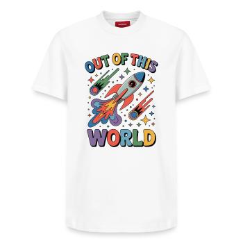Out Of This World - Relaxed Unisex Supima Cotton T-Shirt – von SPREAD - Weiß - Vorne - AI Model Female 172 dark (172cm) & AI Model Male 185 dark (185cm)