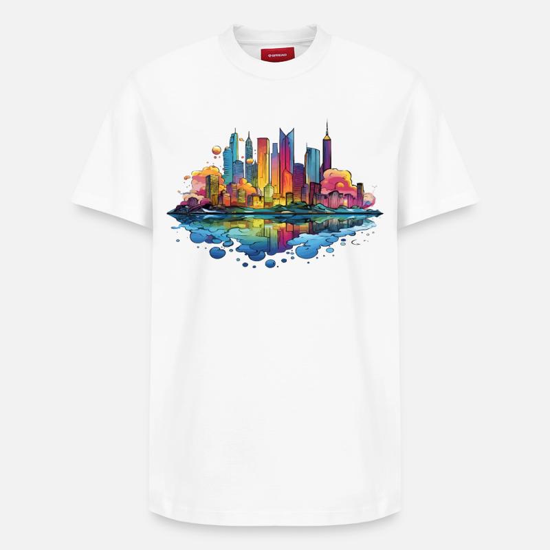 Bunte Skyline Reflektion - Relaxed Unisex Supima Cotton T-Shirt – von SPREAD - Weiß