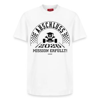 Abschluss 2026 – Mission Erfüllt! (Zieleinfahrt B) - Relaxed Unisex Supima Cotton T-Shirt – von SPREAD - Weiß - Vorne - AI Model Female 172 dark (172cm) & AI Model Male 185 dark (185cm)