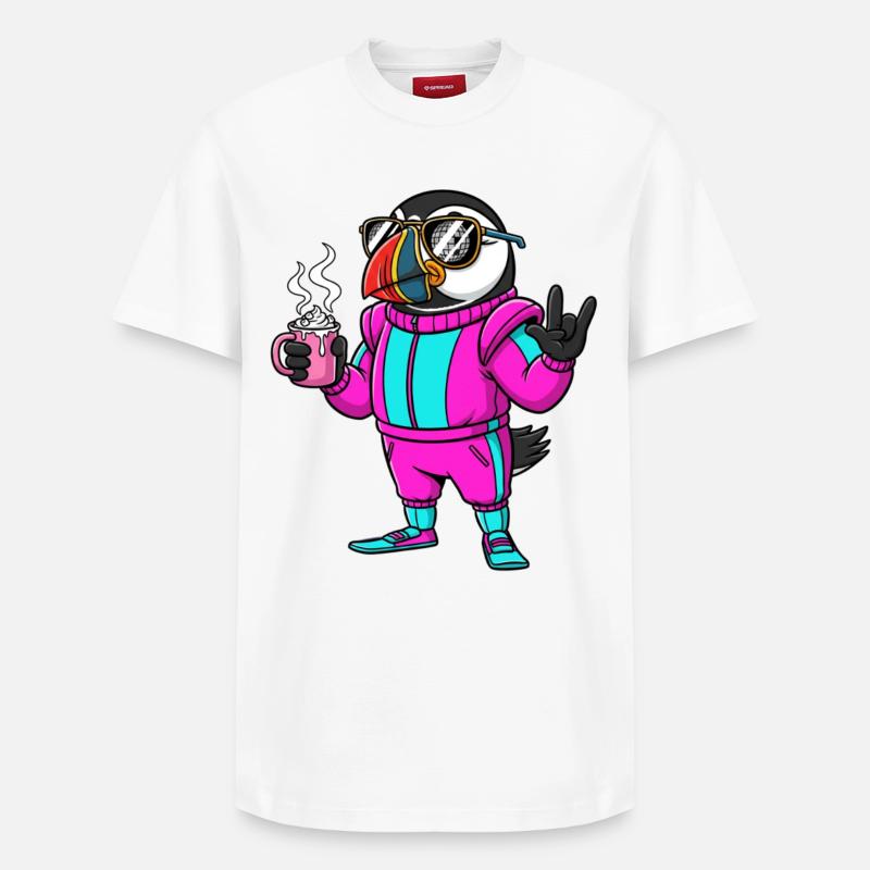 Stylischer Vogel im Ski-Overall mit Kaffee - Relaxed Unisex Supima Cotton T-Shirt – von SPREAD - Weiß