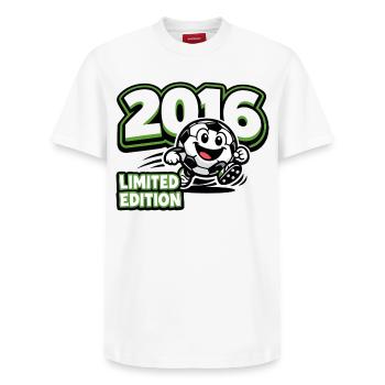 10th Birthday 2016 Limited Edition Vintage - Relaxed Unisex Supima Cotton T-Shirt – by SPREAD - white - Front - AI Model Female 172 dark (172cm) & AI Model Male 185 dark (185cm)