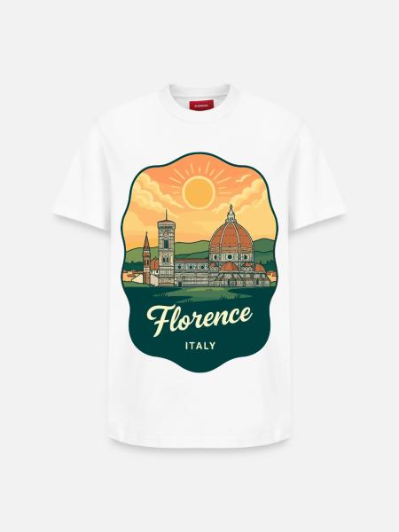 Florence Duomo Retro Sonnenuntergangs-Reiseabzeichen - Relaxed Unisex Supima Cotton T-Shirt – von SPREAD - Weiß