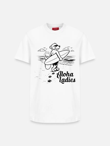 Aloha Ladies Surfer Dog Hawaiian Style - Relaxed Unisex Supima Cotton T-Shirt – by SPREAD - white
