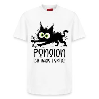 Pension 2026 I'm done! Stressed cat - Relaxed Unisex Supima Cotton T-Shirt – by SPREAD - white - Front - AI Model Female 172 dark (172cm) & AI Model Male 185 dark (185cm)