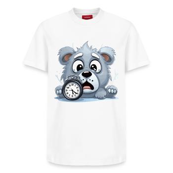 Cuddly dog with alarm clock - Relaxed Unisex Supima Cotton T-Shirt – by SPREAD - white - Front - AI Model Female 172 dark (172cm) & AI Model Male 185 dark (185cm)