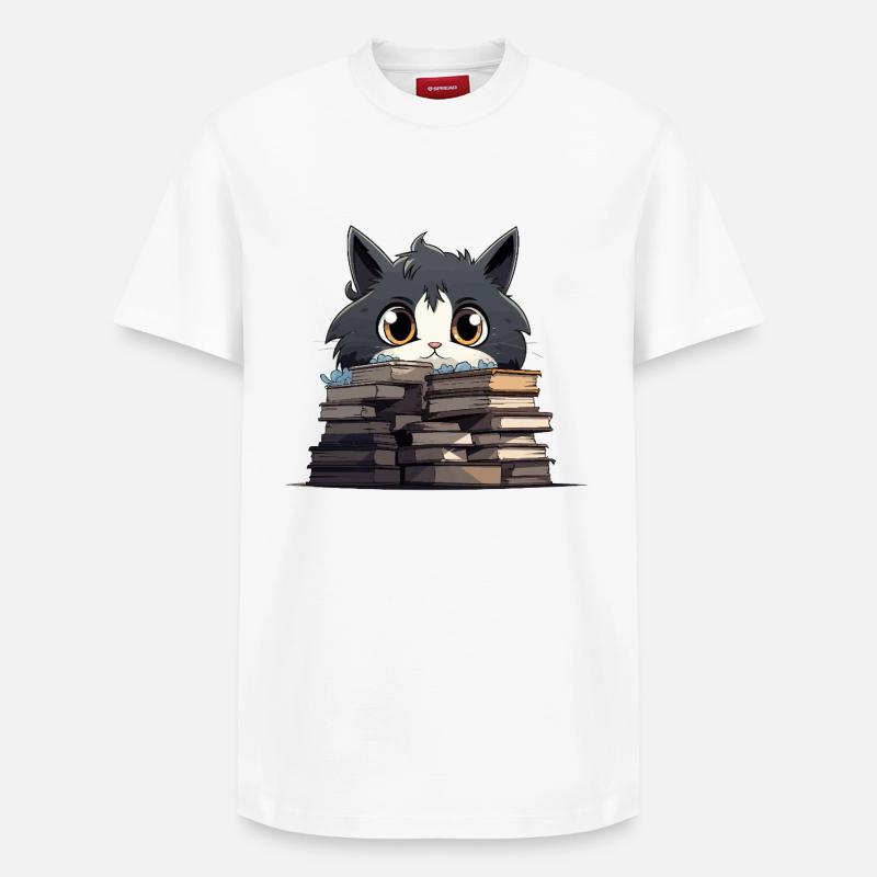 Kätzchen über Bücherstapel - Relaxed Unisex Supima Cotton T-Shirt – von SPREAD - Weiß