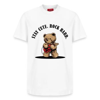 Stay Cute Rock Hard – Teddy mit E-Gitarre - Relaxed Unisex Supima Cotton T-Shirt – von SPREAD - Weiß - Vorne - AI Model Female 172 dark (172cm) & AI Model Male 185 dark (185cm)