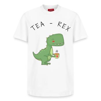 Funny T-Rex Tea Time - Relaxed Unisex Supima Cotton T-Shirt – by SPREAD - white - Front - AI Model Female 172 dark (172cm) & AI Model Male 185 dark (185cm)
