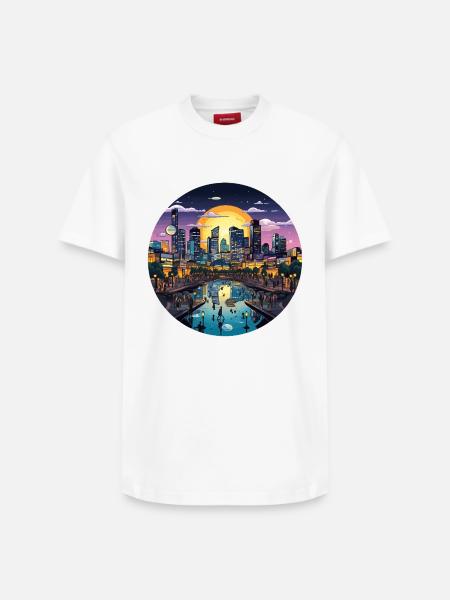 Sonnenuntergangsstadt am Wasser - Relaxed Unisex Supima Cotton T-Shirt – von SPREAD - Weiß