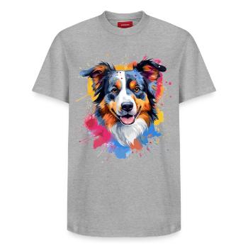Australian Shepherd Dog Splash Art Colorful - Relaxed Unisex Supima Cotton T-Shirt – by SPREAD - white - Front - AI Model Female 172 dark (172cm) & AI Model Male 185 dark (185cm)