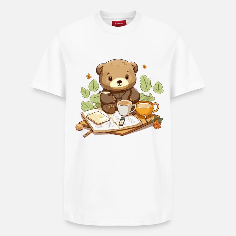 Kuschelbär beim Lesen mit Kaffee - Relaxed Unisex Supima Cotton T-Shirt – von SPREAD - Weiß