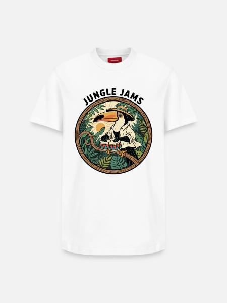 Toucan Jungle Jams Bongo Drummer Retro - Relaxed Unisex Supima Cotton T-Shirt – by SPREAD - white