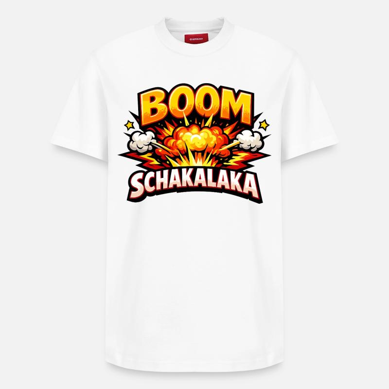 Boom Schakalaka Comic Spruch mit Explosion - Relaxed Unisex Supima Cotton T-Shirt – von SPREAD - Weiß